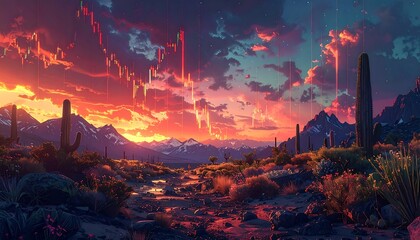 A dramatic sunset casts a vibrant glow over a desert landscape with cacti and mountains. Red financial market data streams from the sky