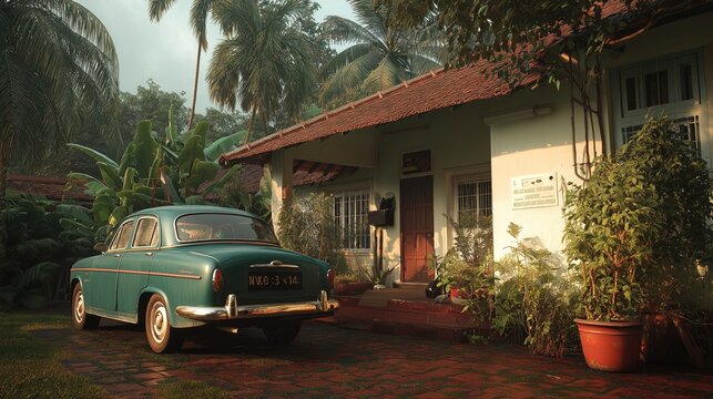 Fototapeta vintage car parked outside colonial bungalow, cinematic mood