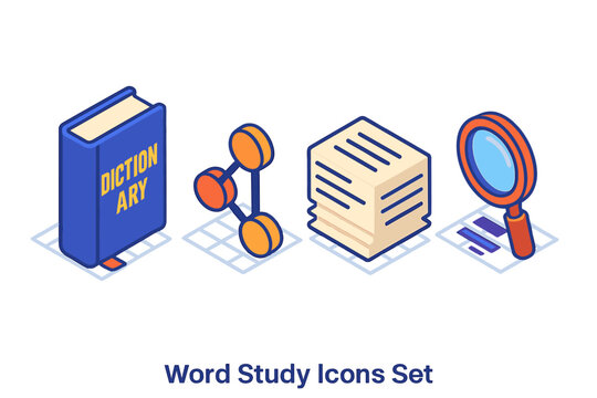 Word Study Icons. Isometric vector illustration set Word Study Icons Set: dictionary cover with embossed title, synonym graph