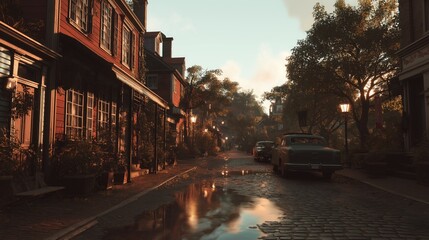 Fototapeta premium vintage colonial town in dreamy cinematic light, film still aesthetic