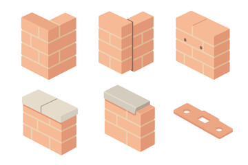 Isometric Brick Wall Icons. Isometric vector illustration set Brick Wall Features and Details: corner joint close-up, expansion