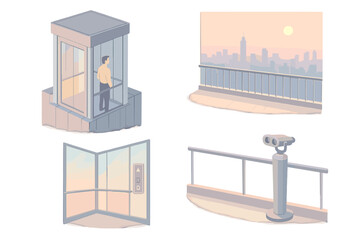 Fototapeta premium Skyscraper Observation Elevator. Isometric vector illustration set Skyscraper Observation Elevator: glass lift at top floor,
