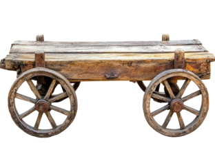 Rustic wooden cart with spoked wheels, weathered and aged