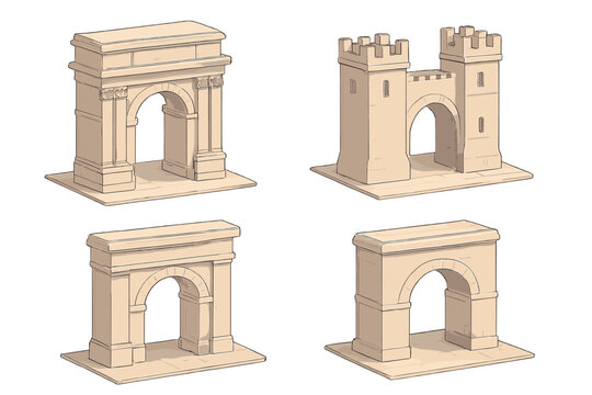 Isometric Arch Monuments. Isometric vector illustration set Historical Arch Monuments: triumphal arch with keystone, decorative