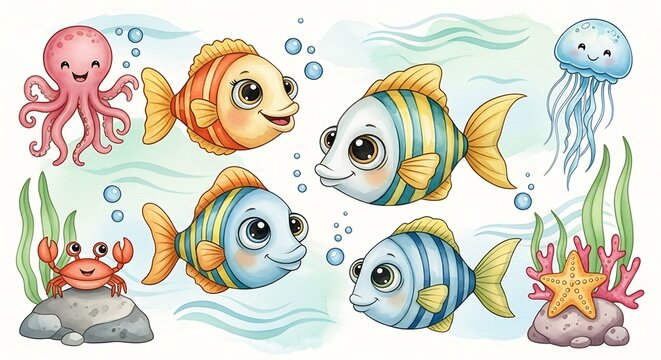 Underwater Friends - A Colorful Cartoon Sea Life Illustration. - Powered by Adobe
