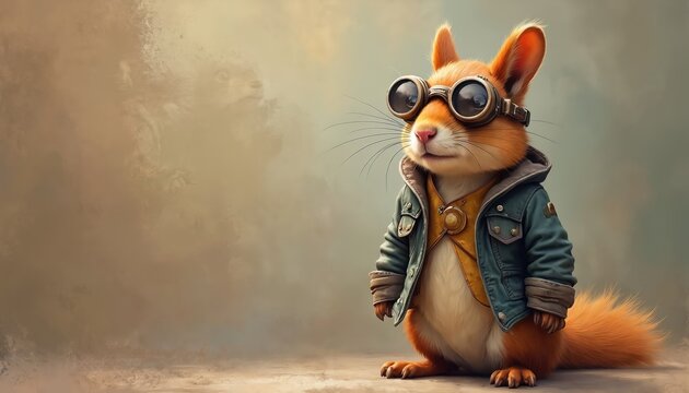 Cute orange squirrel in steampunk style leather jacket goggles posing on textured background. Funny animal character illustration. Digital artwork of squirrel in pilot aviator attire. Whimsical