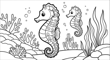 Seahorse Coloring Page - Underwater Scene with Coral and Bubbles.