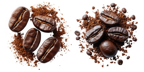 Closeup of roasted coffee beans and ground coffee isolated on transparent background