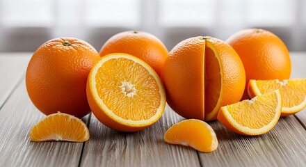 Fresh Oranges - A Vibrant Display of Citrus Fruit on Wooden Surface.