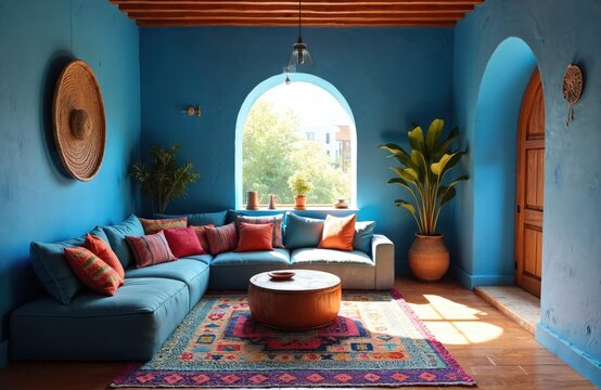 Vibrant blue Moroccan living room interior. Cozy lounge space features large sectional sofa with colorful pillows. Natural light streams from arch window, illuminating traditional patterned rug.