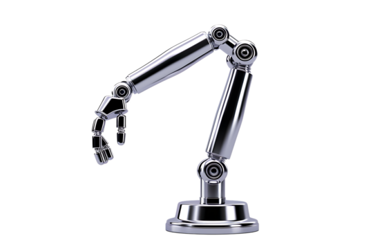 Shiny robotic arm reaching, futuristic design, industrial automation concept, modern technology, AI innovation, 3D rendering