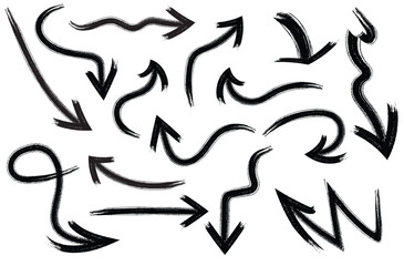 sketch grunge hand drawn arrow doodles vector set, black curved creative arrows, abstract navigation and motion symbols