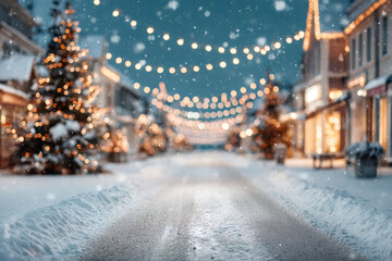 Winter holiday background of a snowy town street at night. Blurred Christmas lights and bokeh effect. Festive scene with copy space for text.