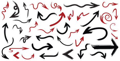 hand drawn black and red arrows set showing multiple directions, doodle vector illustration, creative sketch arrow collection
