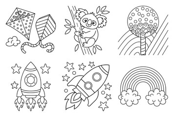 Cute Coloring Pages Featuring Kites Koala Tree Rocket Rainbow and Cloud Designs Fun Educational Kids Activity Line Art Illustrations