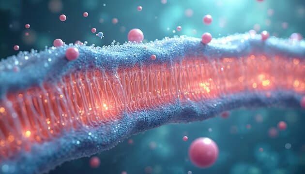 Cell membrane with lipid bilayer structure shows molecule transport. Tiny particles move across outer boundary. Biological process illustrated with light effects.