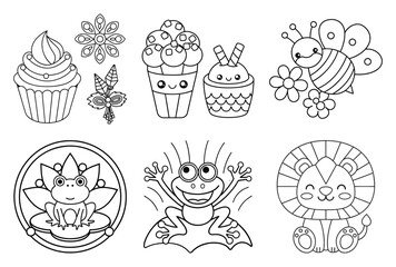 Delightful Sweet Treats, Bee, Frog, and Lion Coloring Page Selection with Cupcakes, Ice Cream, and Wild Animal Outlines for Kids
