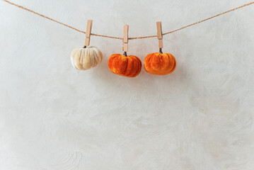 Autumn Garland with Leaves, Pumpkins, Berries, and Lights on Textured Wall