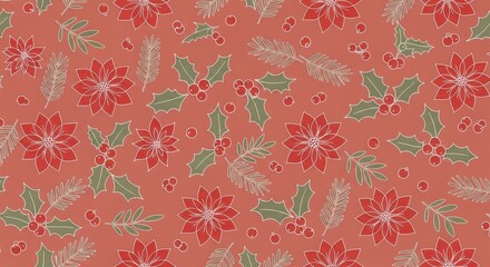 Festive Christmas pattern with poinsettias and holly berries for holiday designs