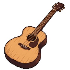 Fototapeta premium A pixel art illustration of a light brown acoustic guitar with a dark neck, in either an 8-bit or 16-bit gaming style, on a white background.
