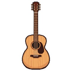 Fototapeta premium A pixel art illustration of a light brown acoustic guitar with a dark neck, in either an 8-bit or 16-bit gaming style, on a white background.