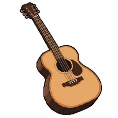 Fototapeta premium A pixel art illustration of a light brown acoustic guitar with a dark neck, in either an 8-bit or 16-bit gaming style, on a white background.