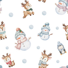 charming watercolor seamless pattern with cute snowmen, baby reindeer, and penguins in pastel colors. Perfect for festive Christmas and winter holiday designs. White background