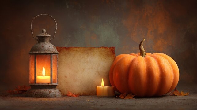 Halloween background with pumpkin, lantern and candle, autumn banner design