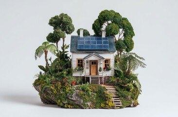 Miniature house with solar panels surrounded by greenery on a white background