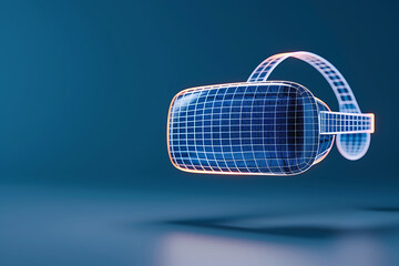 Futuristic VR headset design with glowing wireframe, immersive digital experience, metaverse concept, virtual reality technology
