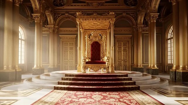 Grand Ornate Throne Room with Sunlight Rays Illuminating a Red Velvet Throne and Golden Accents in a Palatial Setting