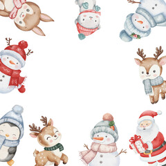 Adorable square watercolor frame with Christmas characters - Santa, snowman, penguin, reindeer and bunny. Perfect for cards and invitations. Childish illustration with white background, copy space.