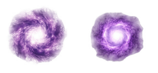 Two swirling purple galaxies with bright cores, resembling cosmic portals isolated on transparent background