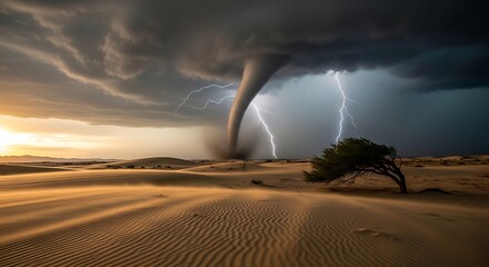 Desert Tornado with Lightning Strikes - A Powerful Natural Phenomenon.