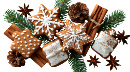 Flat lay of Christmas gingerbread cookies shaped like stars, bells, and snowflakes arranged with cinnamon sticks and pine sprigs, isolated on white background