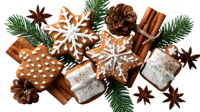 Flat lay of Christmas gingerbread cookies shaped like stars, bells, and snowflakes arranged with cinnamon sticks and pine sprigs, isolated on white background