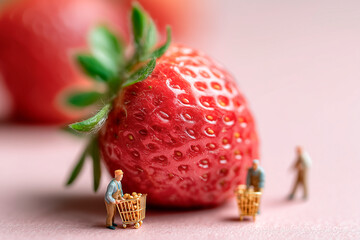 A whimsical macro of a giant strawberry with tiny workers and carts, celebrating cooperative fruit market vibes.