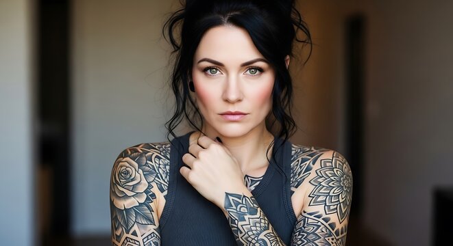 Intense Gaze - Woman with Tattoos in a Moment of Reflection.