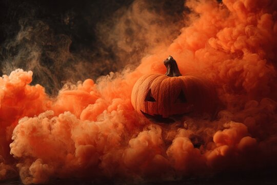 Mystical halloween pumpkin in orange smoke