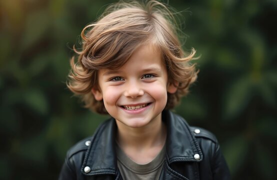 Young boy with wavy hair wears a black leather jacket. He smiles broadly with dimples. Background is blurred green foliage. His eyes are green and hair is light brown.