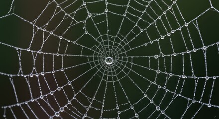 Intricate spider web glistening with morning dew droplets.