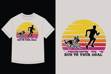 Run to Your Goal T-Shirt Design with Runner, German Shepherd, and Retro Sunset