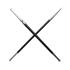 Fototapeta premium Two slender, crossed, black wands with silver tips and fittings on a black background