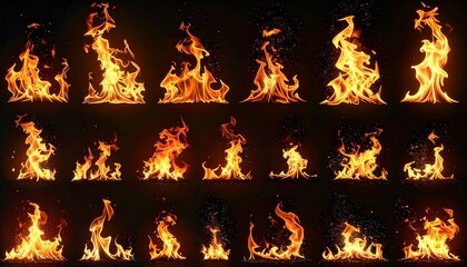 A collection of fiery flames arranged in multiple rows against a dark background. The flames vary in shape and intensity, with sparks
