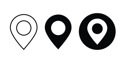 Three black map pin icons in different styles location On Transparent Background