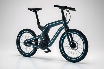A sleek, futuristic electric bike with a black frame and glowing blue lines, isolated on a clean white background. This image represents modern urban transportation, innovation, and high-tech design.