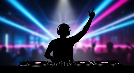 Silhouette of DJ with Headphones at a Nightclub Party.
