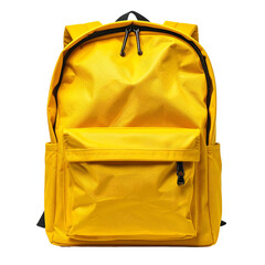 Bright yellow backpack with a front pocket and black zippers against a dark background