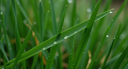 Dewdrops glisten on lush green grass blades after a spring rain.
