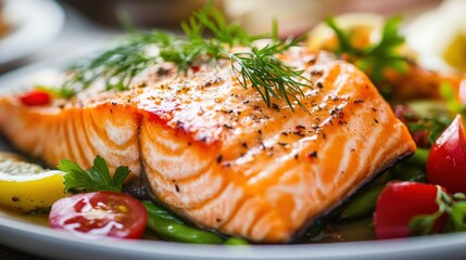 Roasted salmon fillet with vegetables.